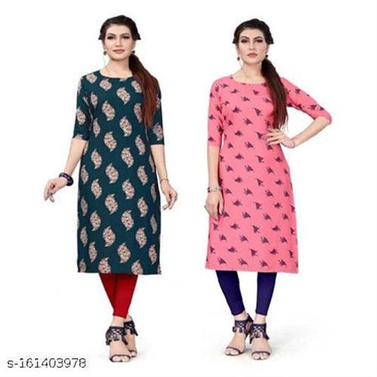 Crepe Printed Kurti for Women (Green & Pink, S) (Pack of 2)